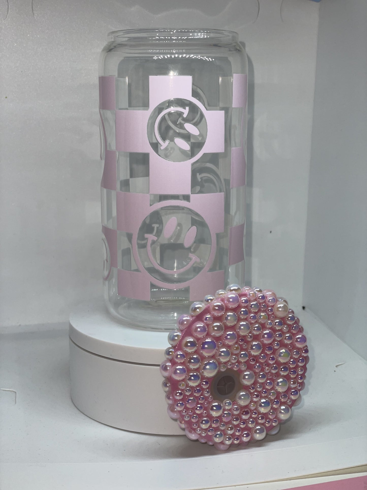 Pink Checkered Smiley Faces Glass Cup